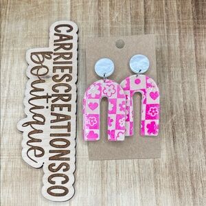Pink Floral Checker Kids Arch Drop Earrings